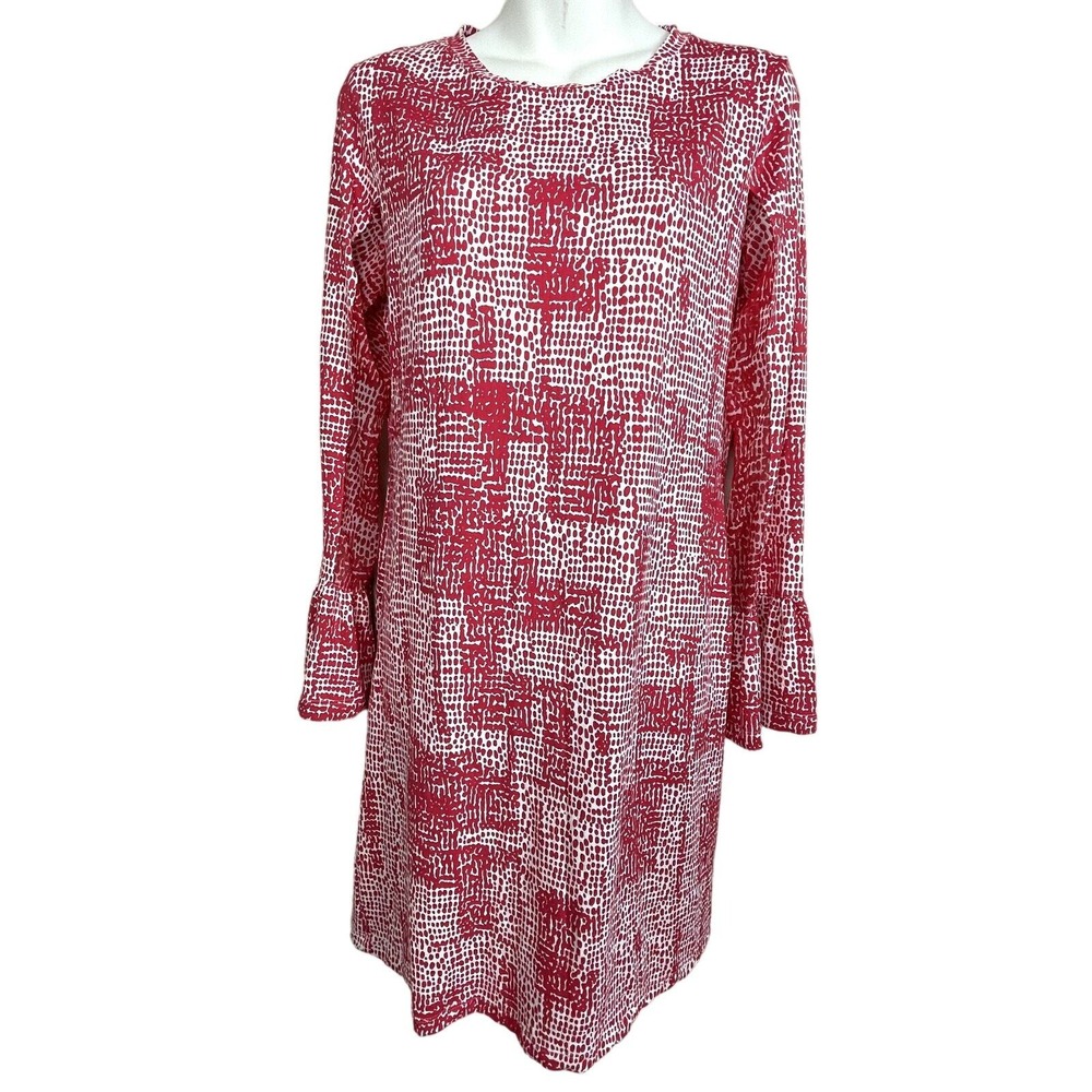 IBKUL Dress S Coastal Red White Dot Print Bell Sleeve Mesh Panel Resortwear